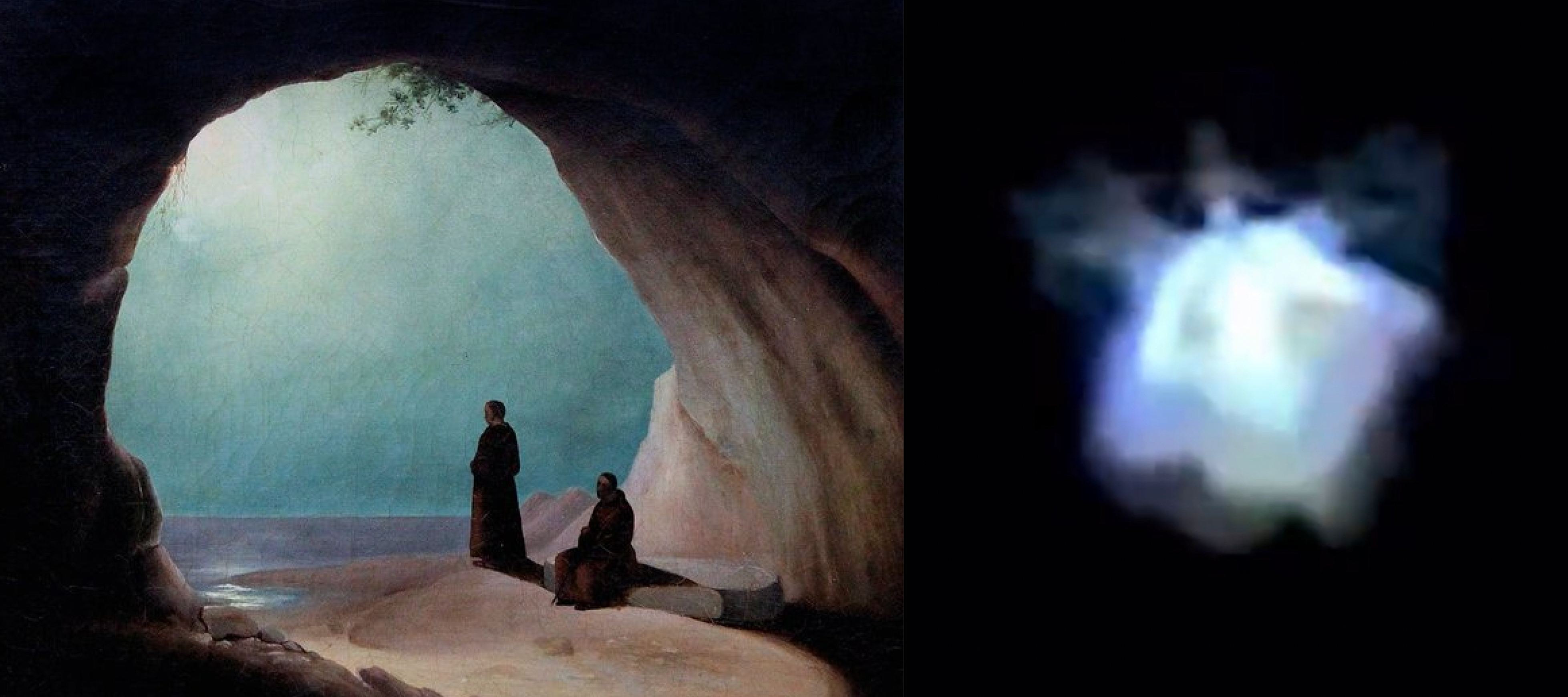 Collage of a cave opening beside a luminous angel-like blur, used as a threshold image.